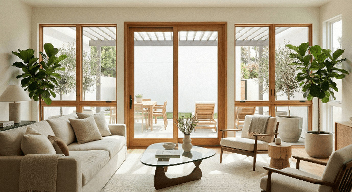 Photo of an indoor living space looking out to an outdoor space on the other side of a sliding glass door.